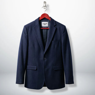 Front view of navy blue wool blazer for women with notch lapel by Leather Unit