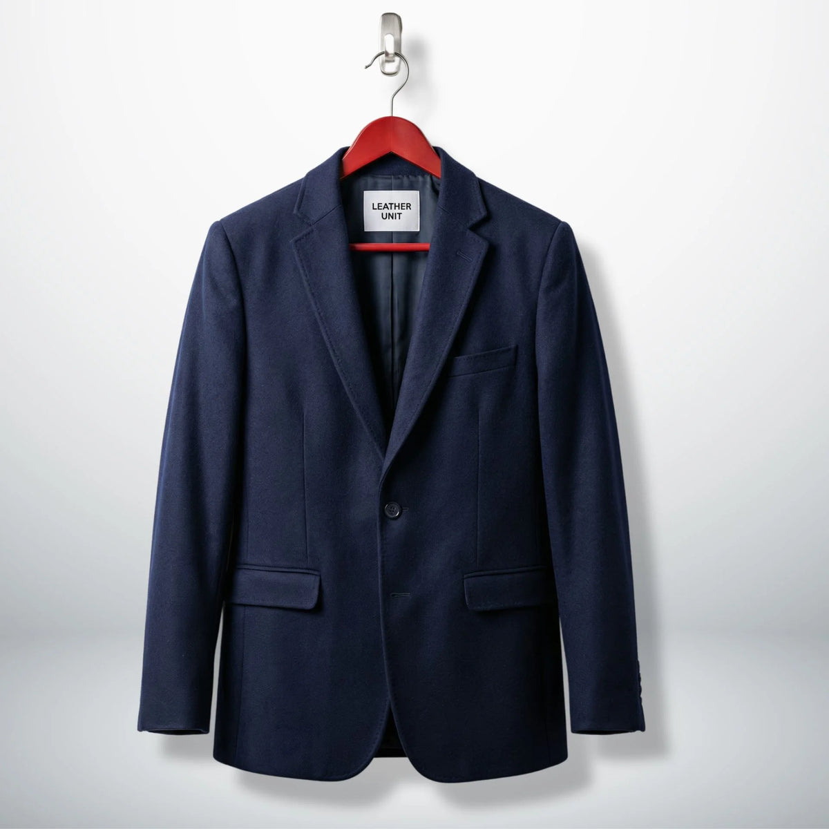 Front view of navy blue wool blazer for women with notch lapel by Leather Unit