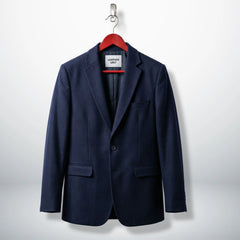 Front view of navy blue wool blazer for women with notch lapel by Leather Unit