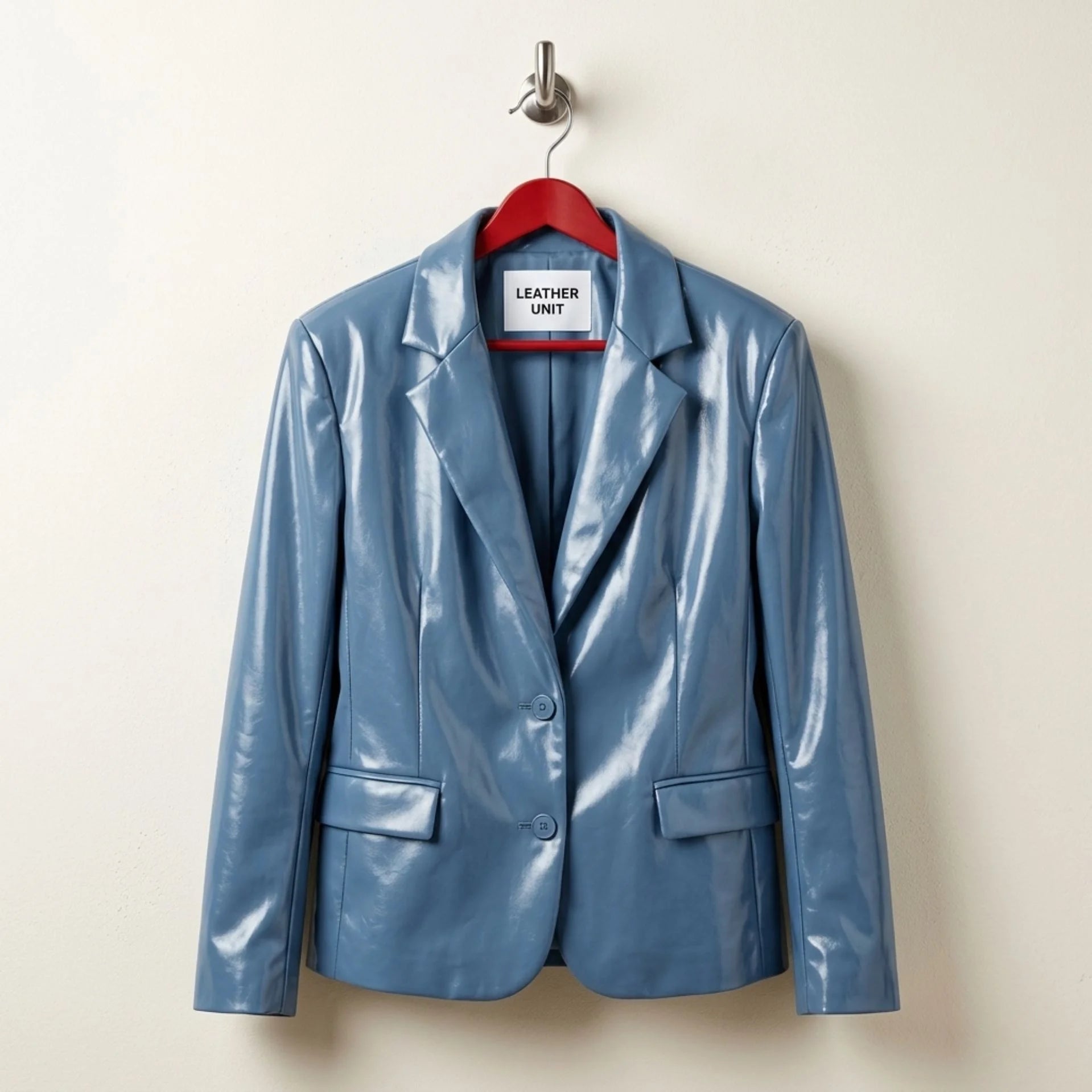 Front view of women’s sapphire blue leather blazer by Leather Unit
