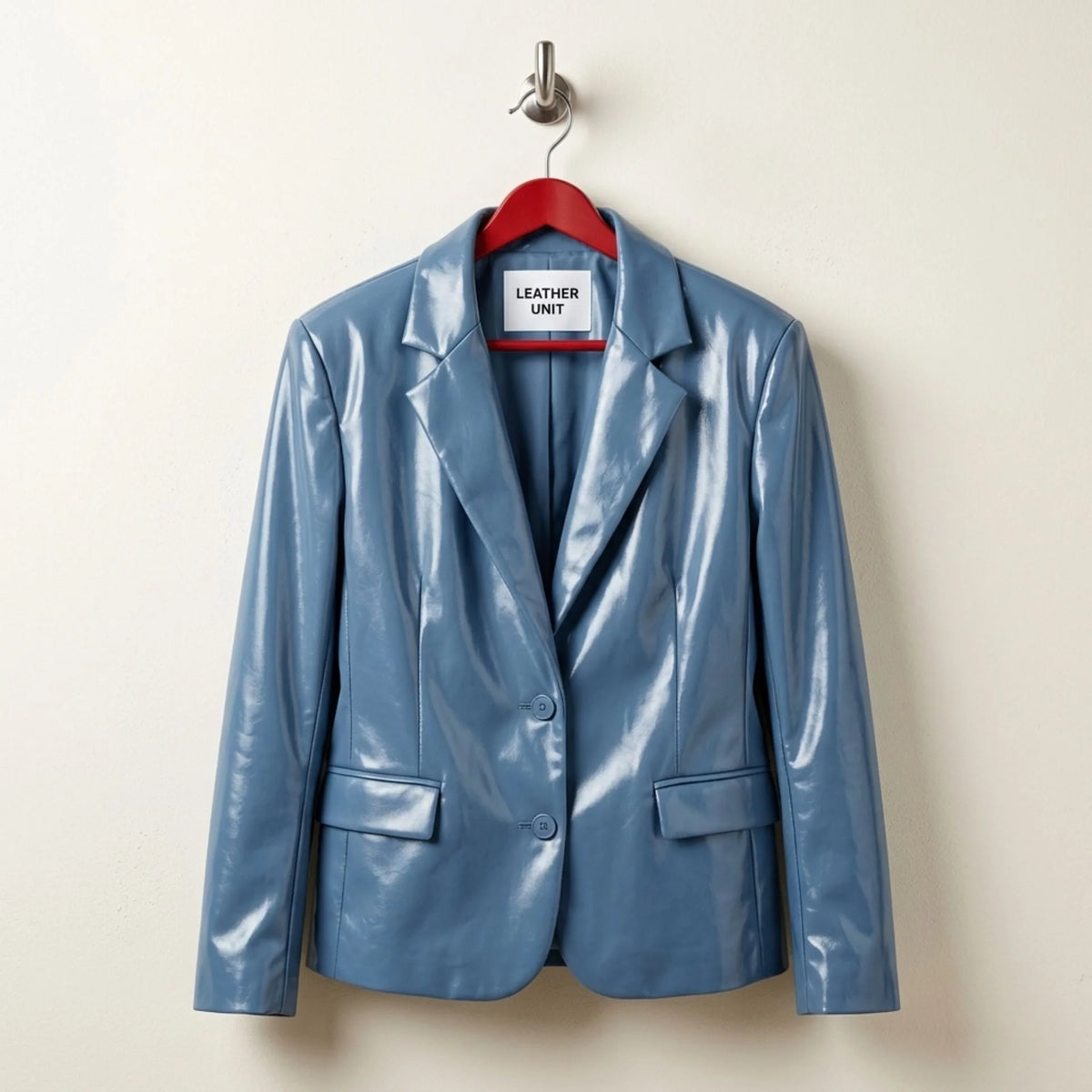 Front view of women’s sapphire blue leather blazer by Leather Unit