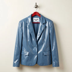 Front view of women’s sapphire blue leather blazer by Leather Unit