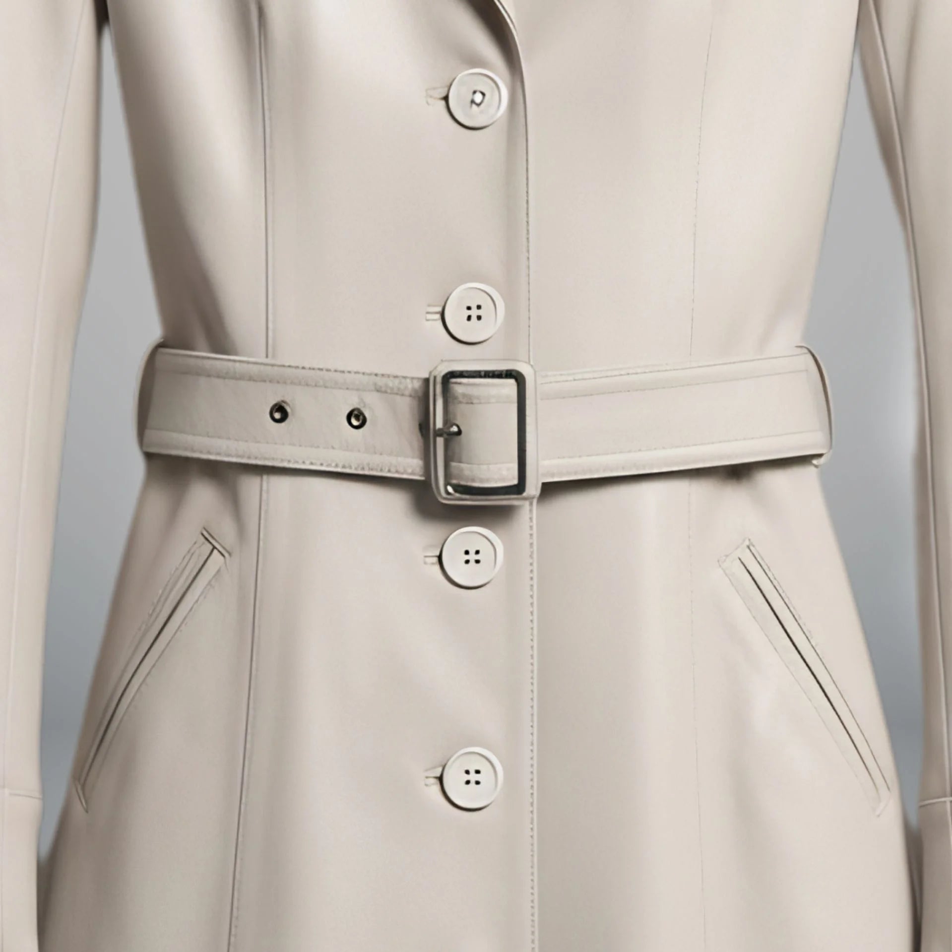 Belt and button front detail on women’s white belted leather trench coat