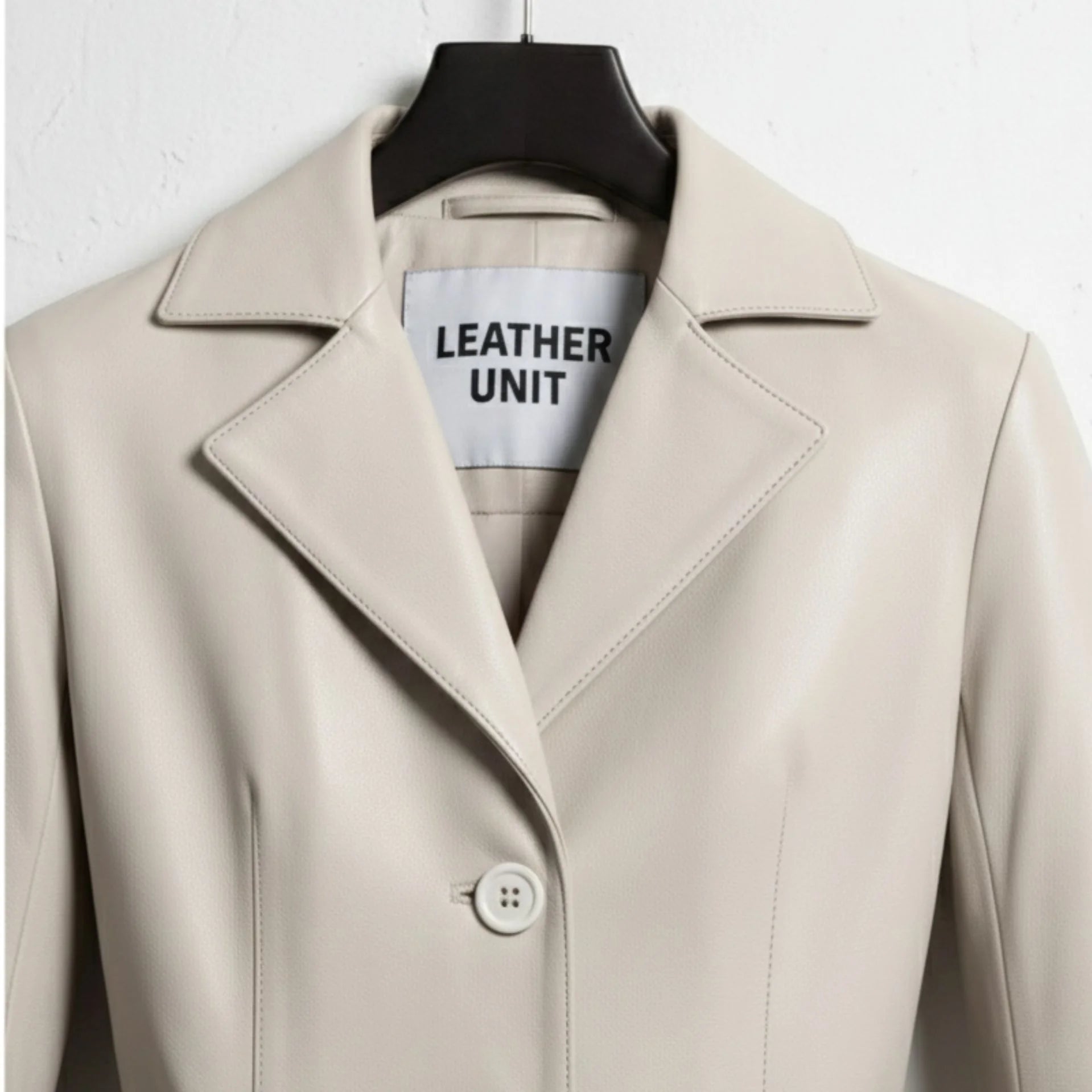Close up of notch lapel collar and Leather Unit label on silver trench