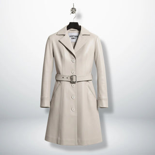 Front view of women’s silver leather trench coat with belt by Leather Unit