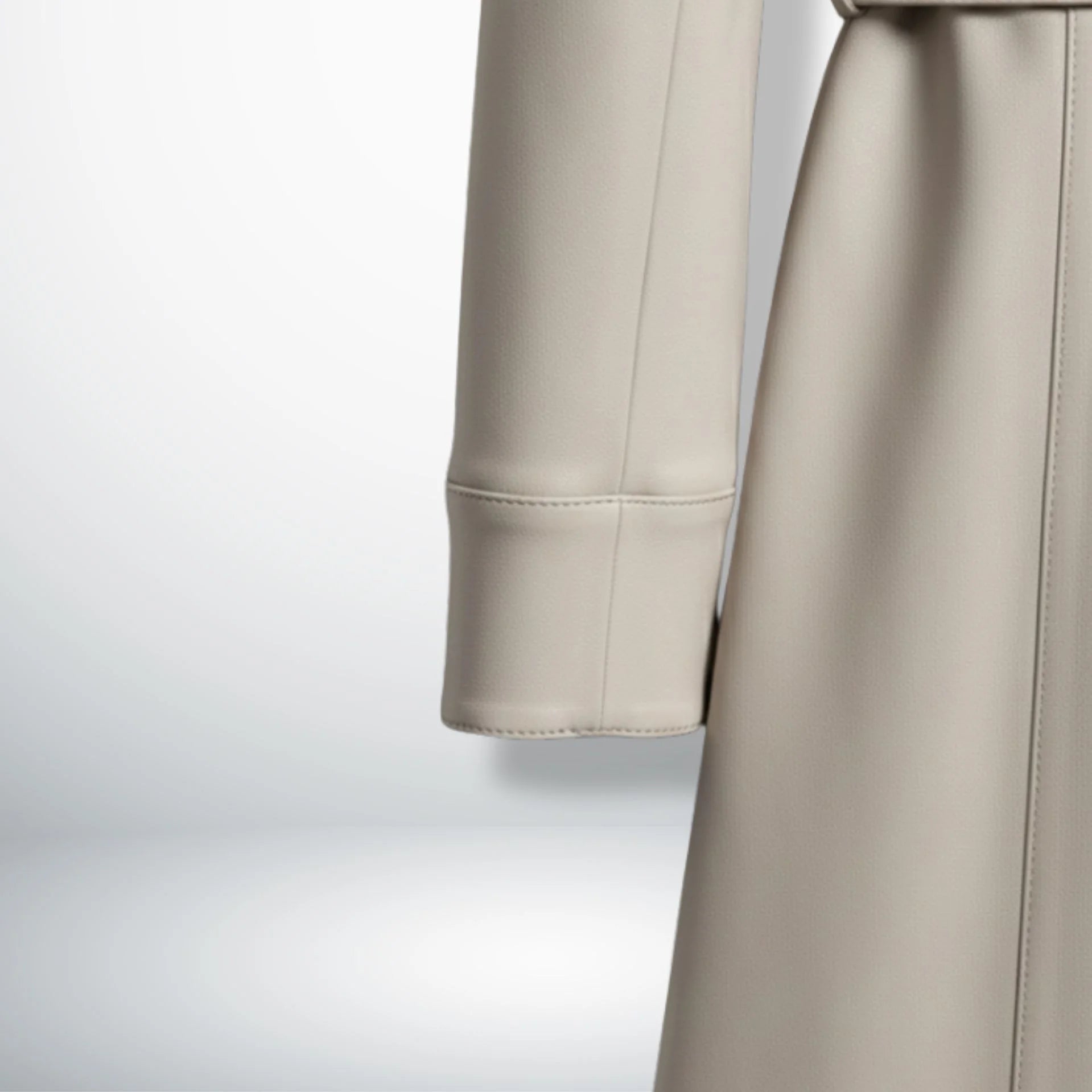 Sleeve and cuff detail on women’s light silver leather coat