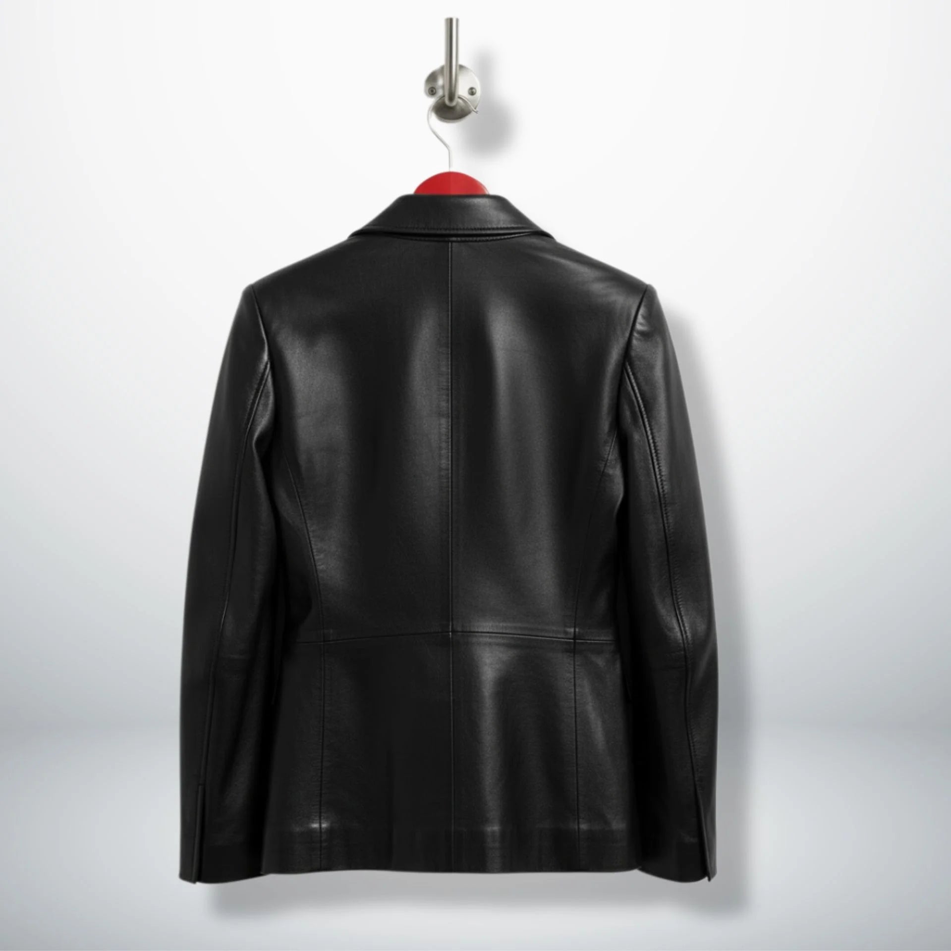 Back view of tailored black leather blazer jacket for women