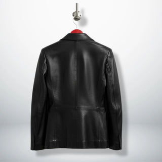 Back view of tailored black leather blazer jacket for women