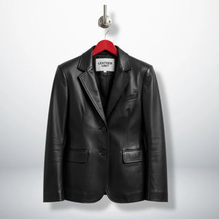 Front view of women’s two button black lambskin leather blazer by Leather Unit