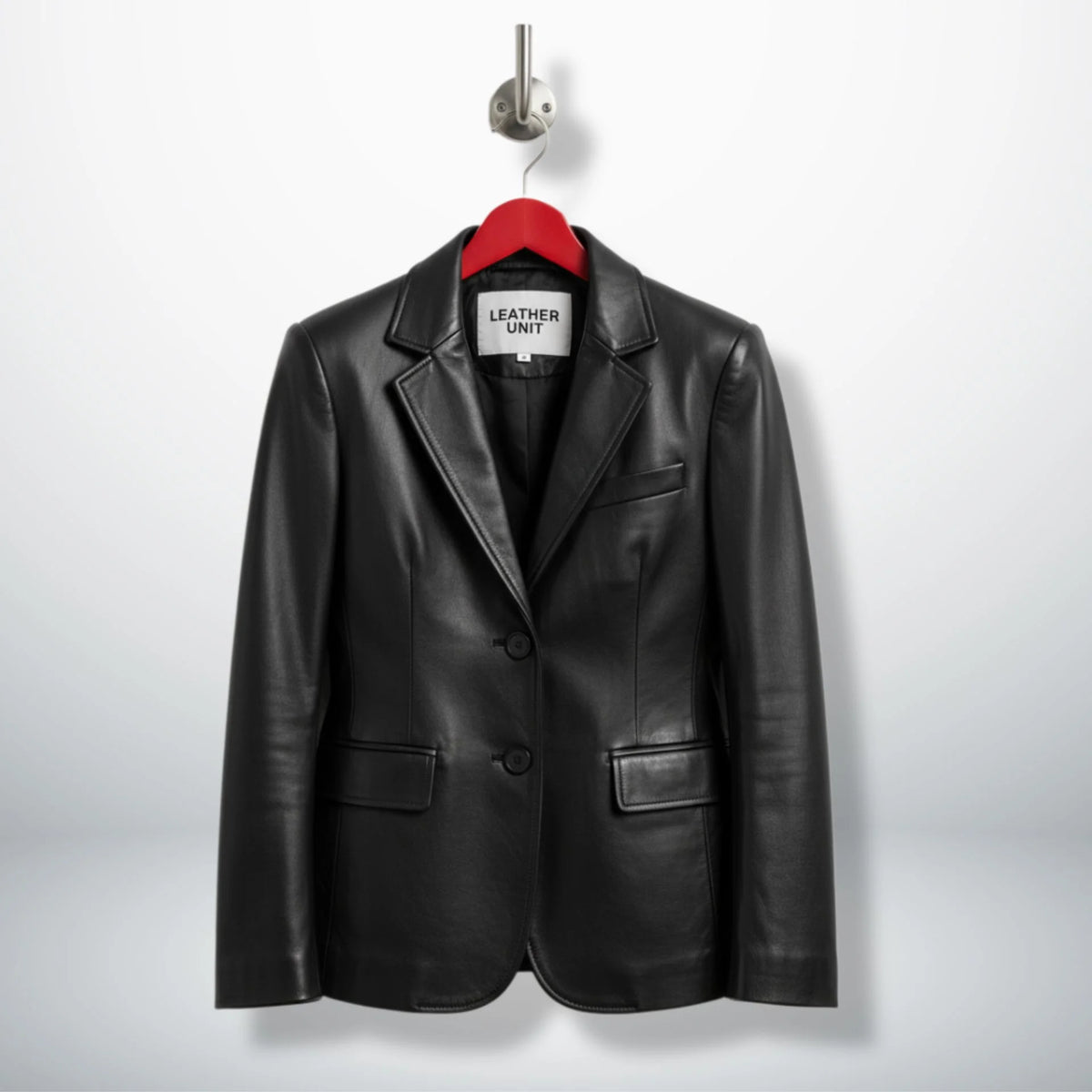Front view of women’s two button black lambskin leather blazer by Leather Unit