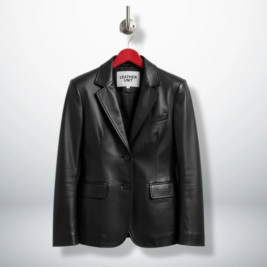Front view of women’s two button black lambskin leather blazer by Leather Unit