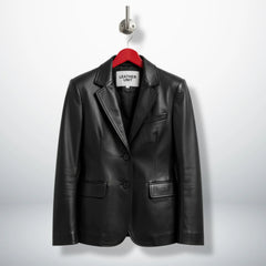 Front view of women’s two button black lambskin leather blazer by Leather Unit
