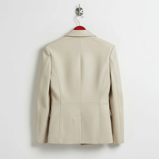 Back view of tailored women’s white leather blazer
