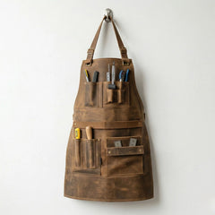 Front view of brown leather work apron with tool pockets hanging on wall