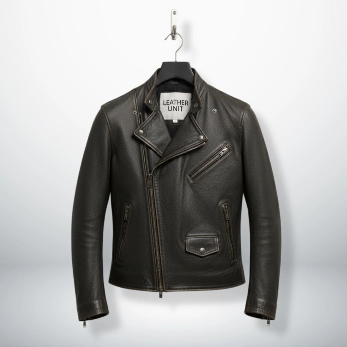 front view of men's asymmetrical dark brown leather biker jacket.