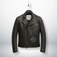 front view of men's asymmetrical dark brown leather biker jacket.