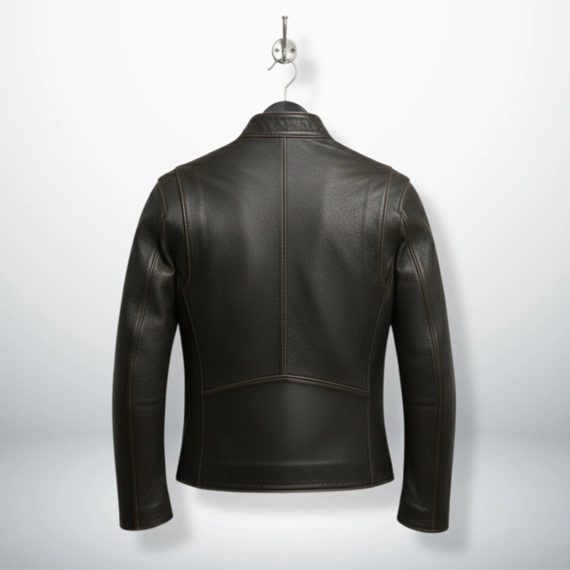 back view of men's dark brown leather motorcycle jacket with panel seams.