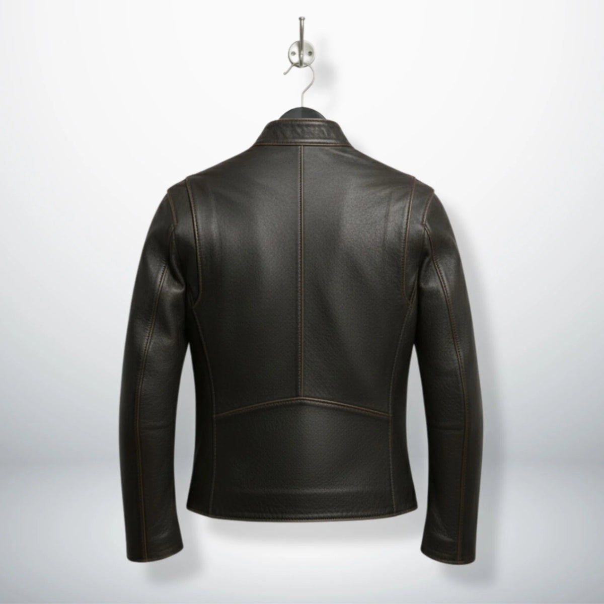 back view of men's dark brown leather motorcycle jacket with panel seams.