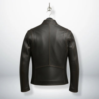 back view of men's dark brown leather motorcycle jacket with panel seams.