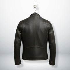 back view of men's dark brown leather motorcycle jacket with panel seams.