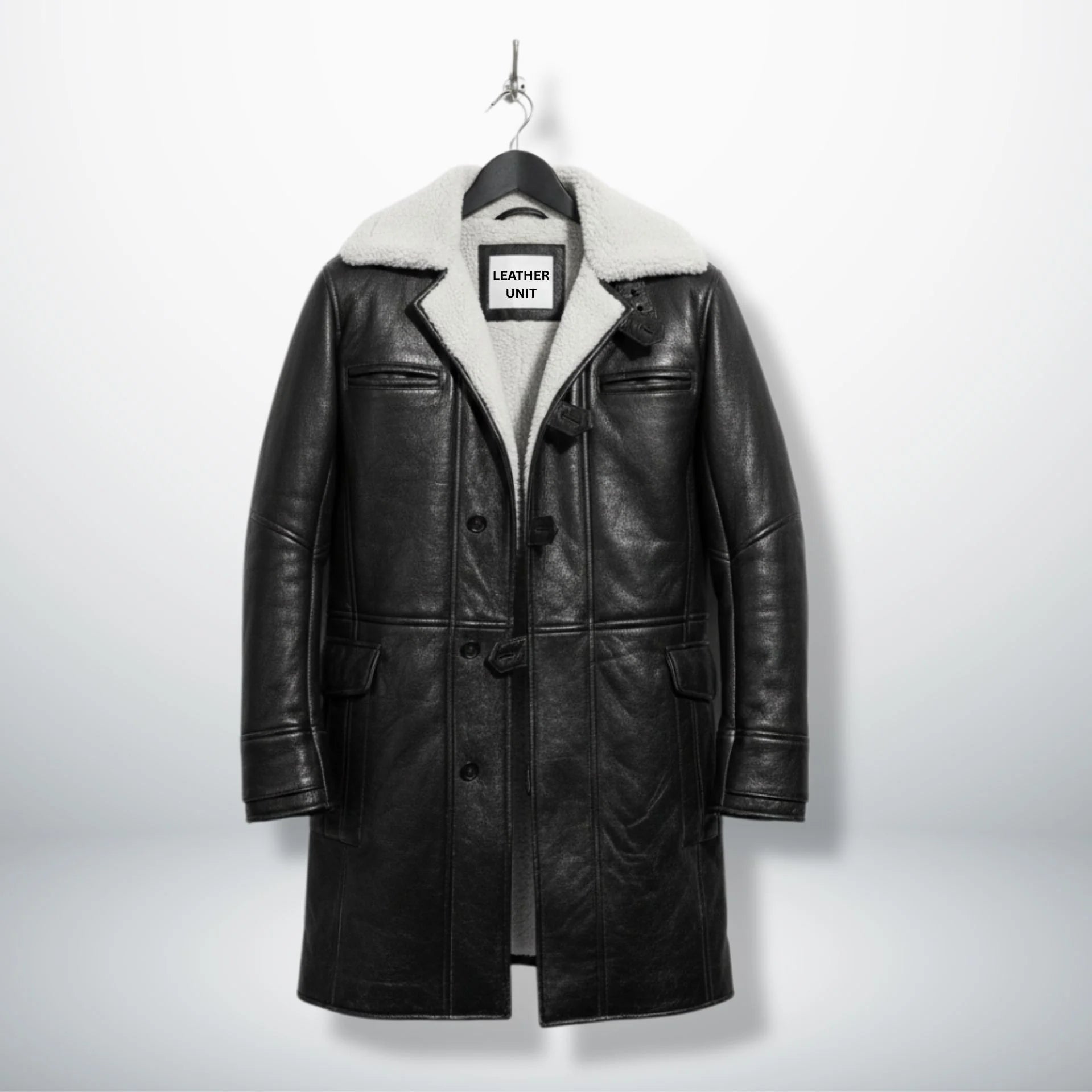Front view of men's black Bane leather coat with white shearling collar by Leather Unit.