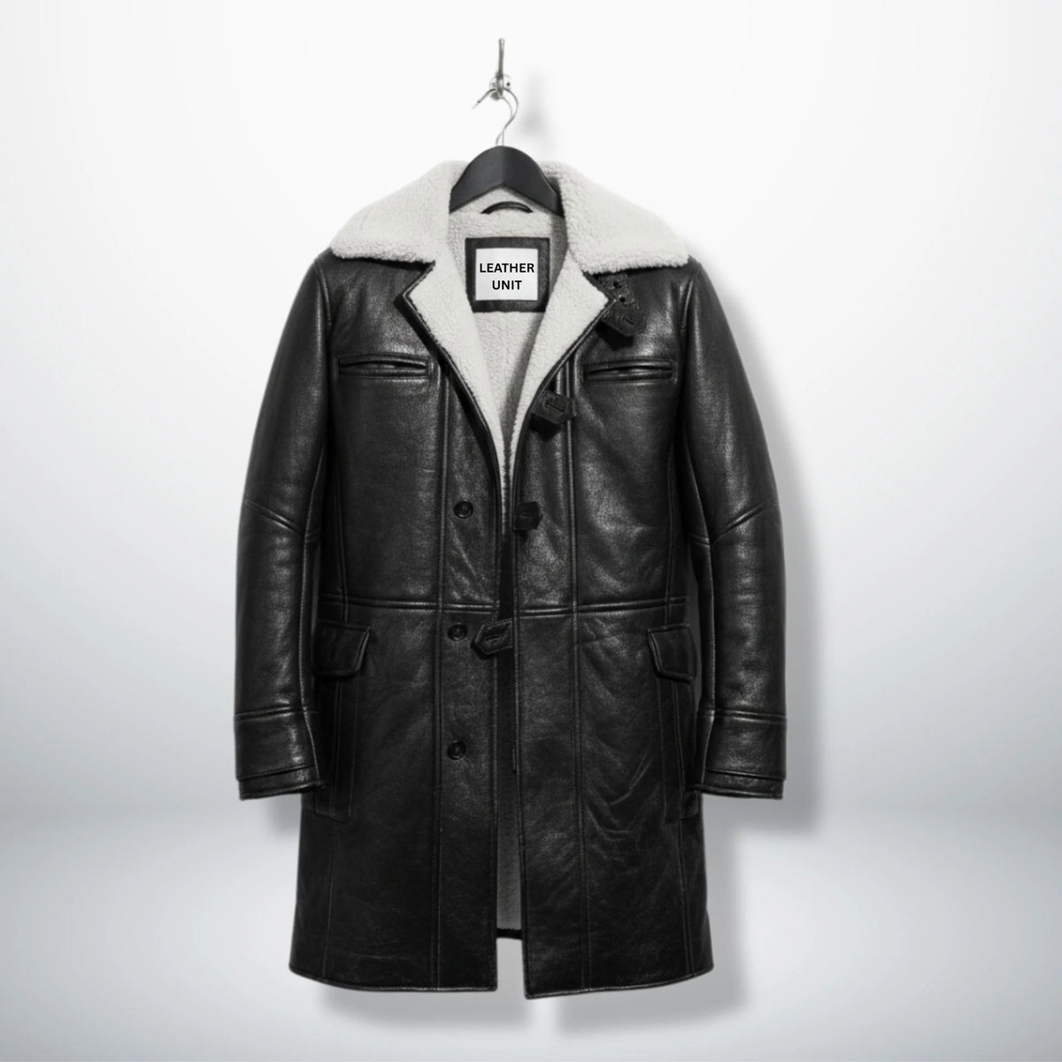 Front view of men's black Bane leather coat with white shearling collar by Leather Unit.