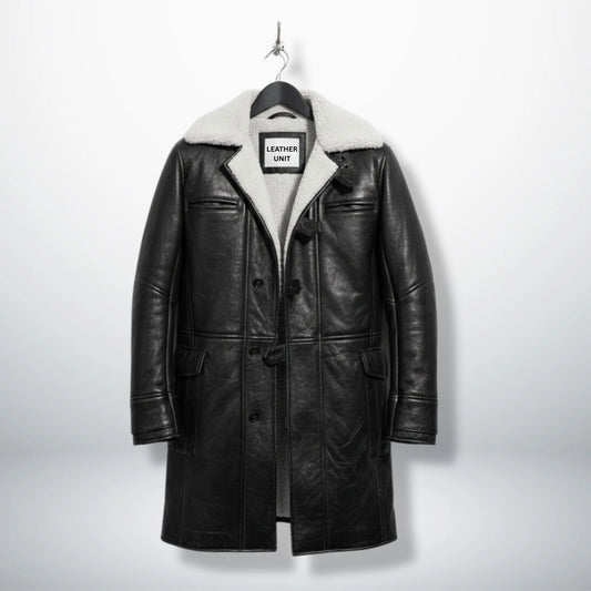 Front view of men's black Bane leather coat with white shearling collar by Leather Unit.
