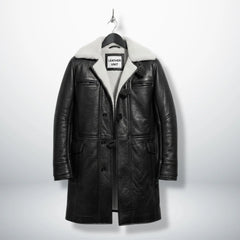 Front view of men's black Bane leather coat with white shearling collar by Leather Unit.