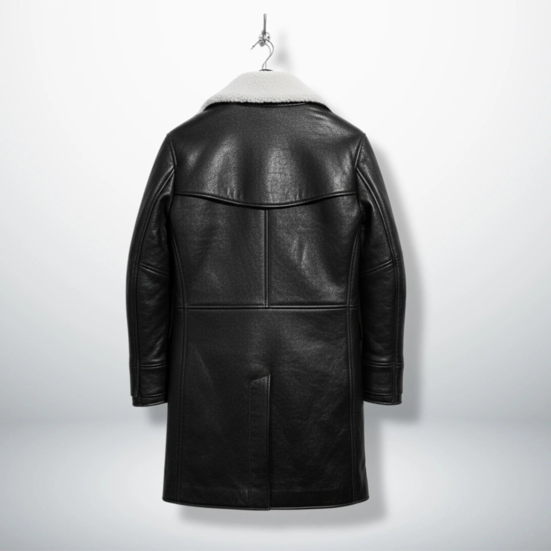 Back view of men's black shearling lined Bane style leather coat.