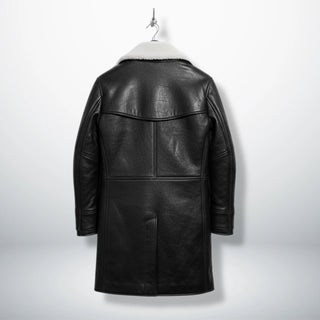 Back view of men's black shearling lined Bane style leather coat.