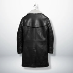 Back view of men's black shearling lined Bane style leather coat.
