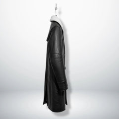 Side profile of men's black shearling trench coat with regular fit.