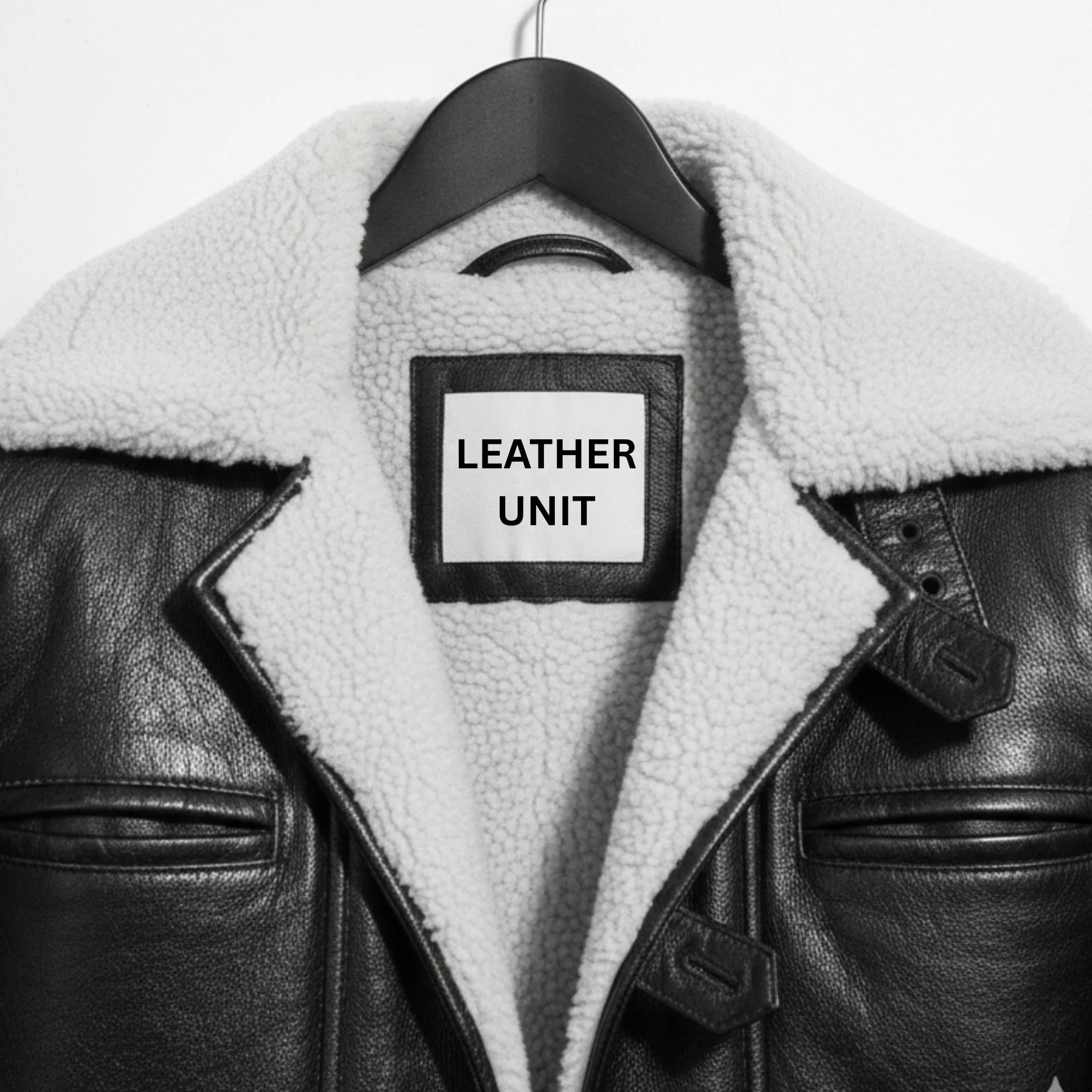 Close up of shearling collar and Leather Unit label on black Bane coat.