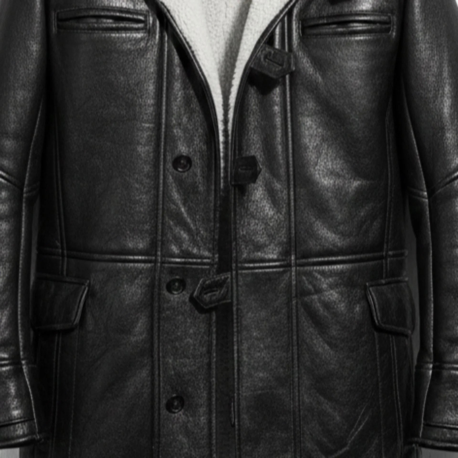 Close up of buttons, toggles and pockets on men's black Bane leather coat.