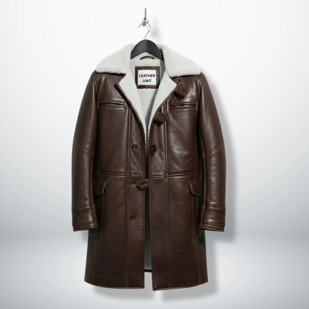 Front view of men's dark brown Bane leather coat with white shearling collar by Leather Unit.