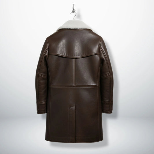 Back view of men's dark brown shearling lined Bane style leather coat.