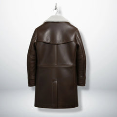 Back view of men's dark brown shearling lined Bane style leather coat.