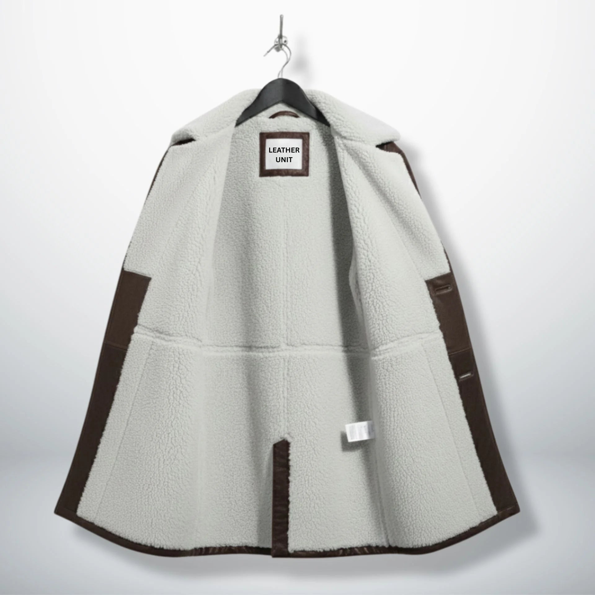 Interior of men's Bane leather coat showing full white shearling lining.