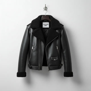 front view mens black shearling aviator leather jacket by Leather Unit.
