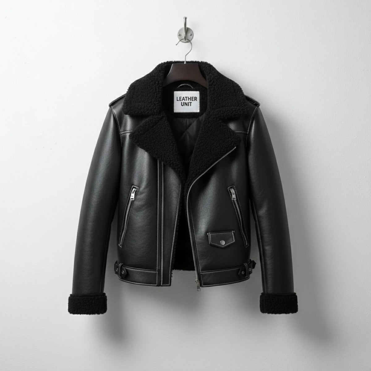 front view mens black shearling aviator leather jacket by Leather Unit.