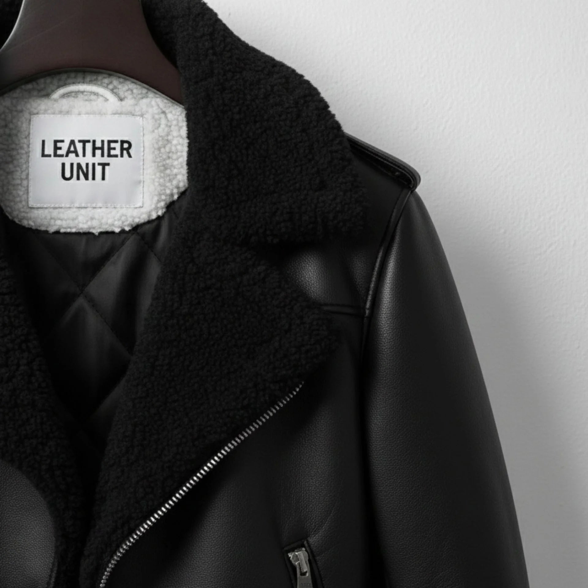 close up black faux shearling collar and label on leather unit jacket.