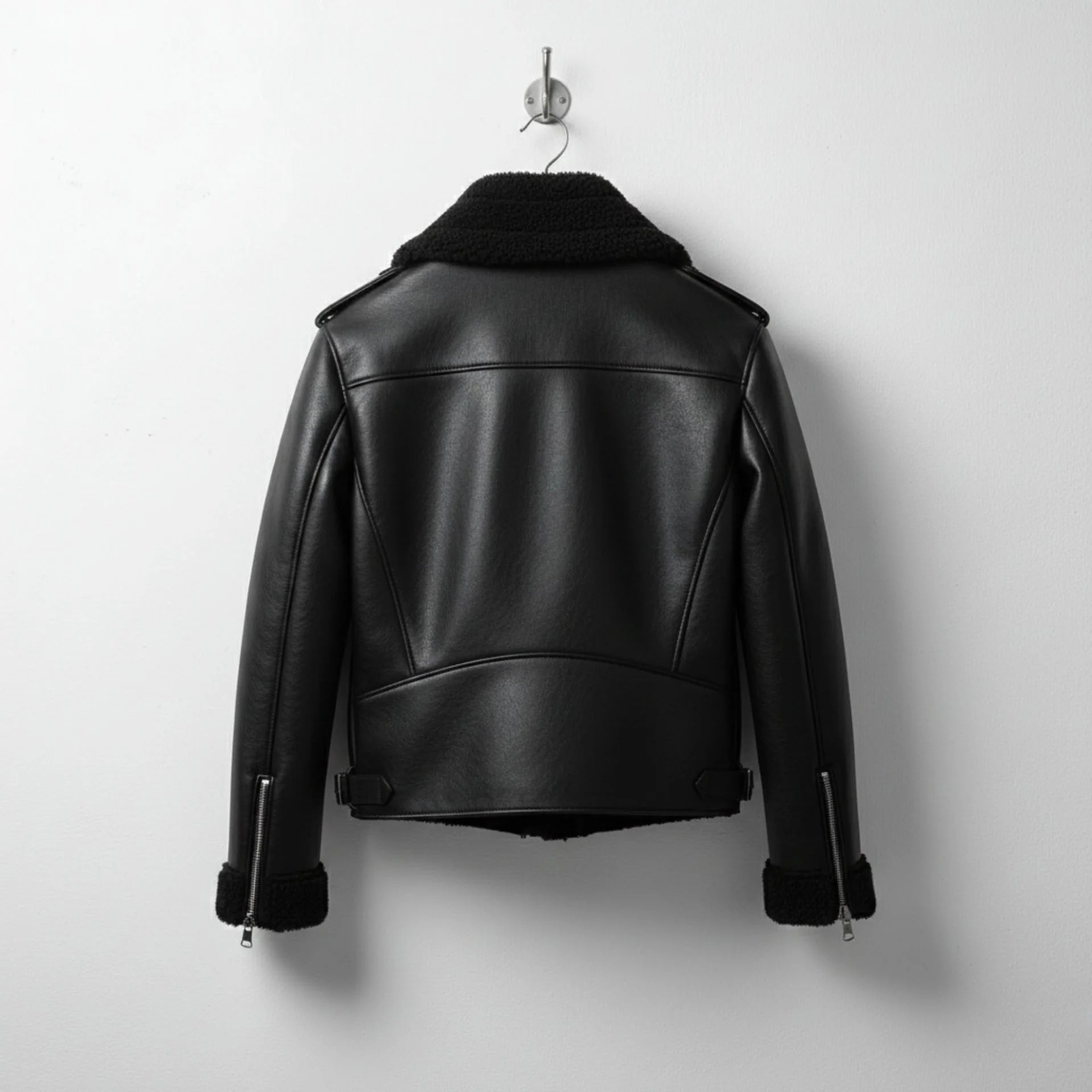 back view mens black aviator bomber leather jacket with shearling collar.
