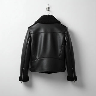 back view mens black aviator bomber leather jacket with shearling collar.