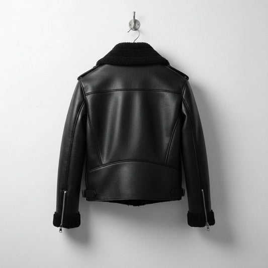 back view mens black aviator bomber leather jacket with shearling collar.
