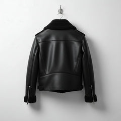 back view mens black aviator bomber leather jacket with shearling collar.