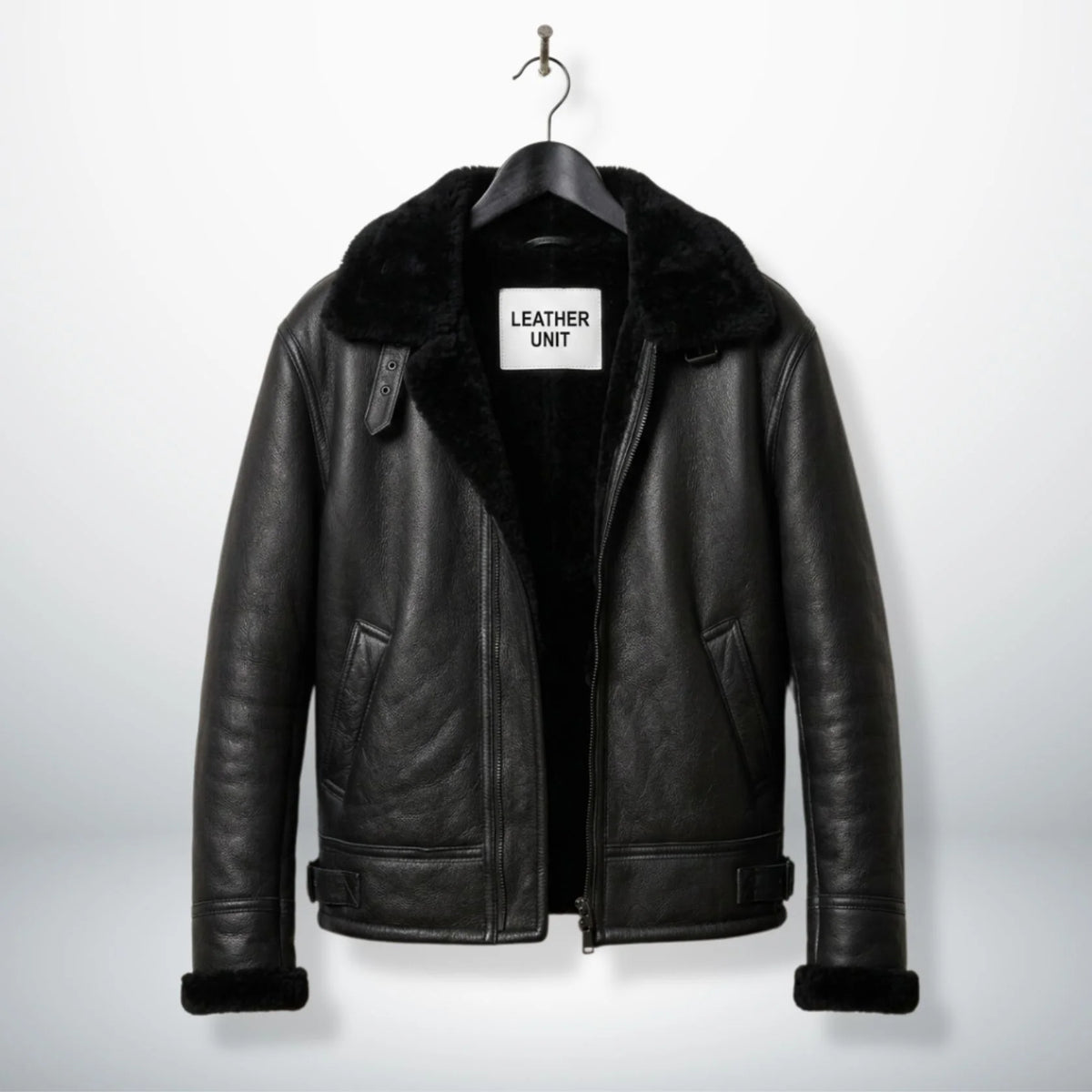 front view mens black b3 bomber shearling aviator leather jacket by Leather Unit.
