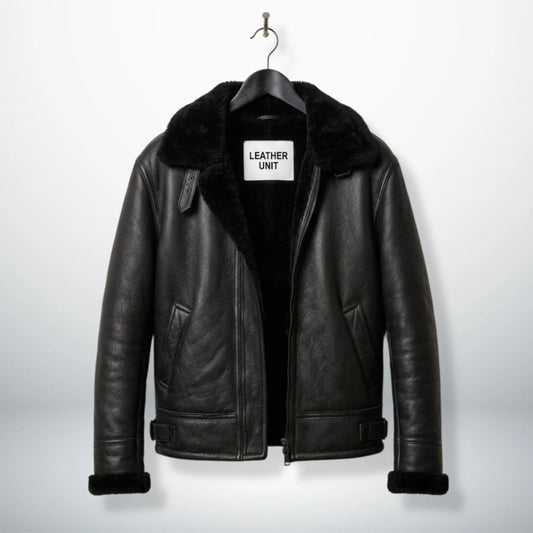 front view mens black b3 bomber shearling aviator leather jacket by Leather Unit.