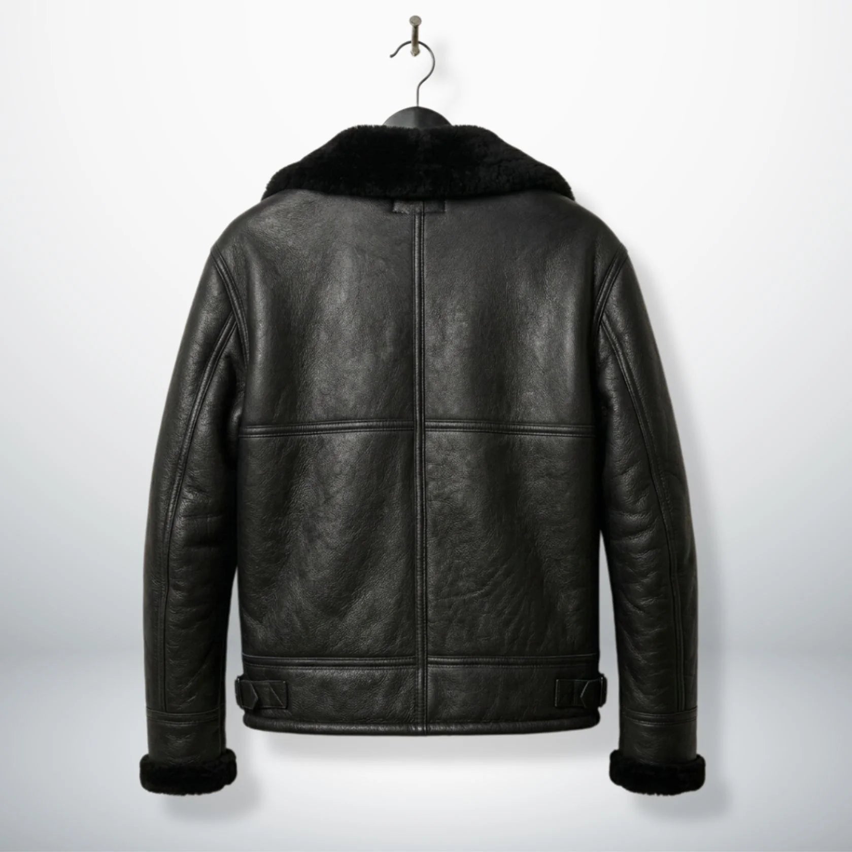 back view mens black b3 bomber leather jacket with panel seams.