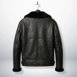 back view mens black b3 bomber leather jacket with panel seams.