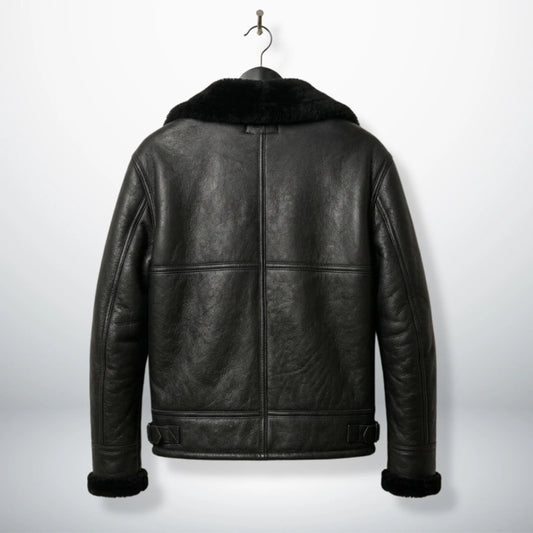 back view mens black b3 bomber leather jacket with panel seams.